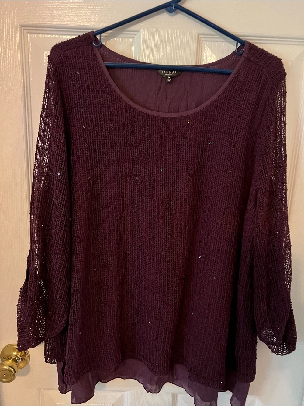 Hannah Burgundy Open-Knit Sequin Layered Tunic with Semi Sheer Sleeves